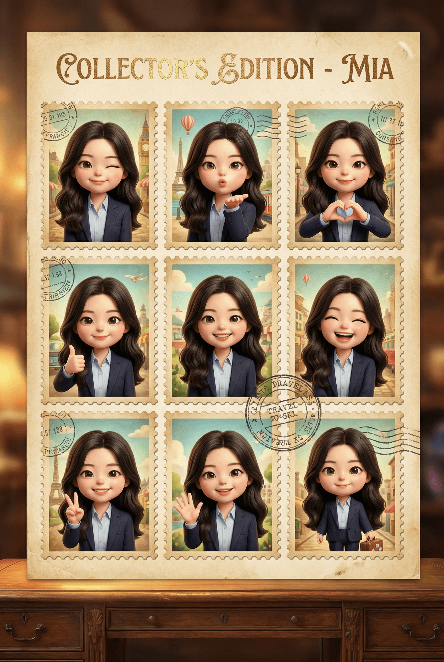 A 3x3 sheet of collectible stamps in an enchanting